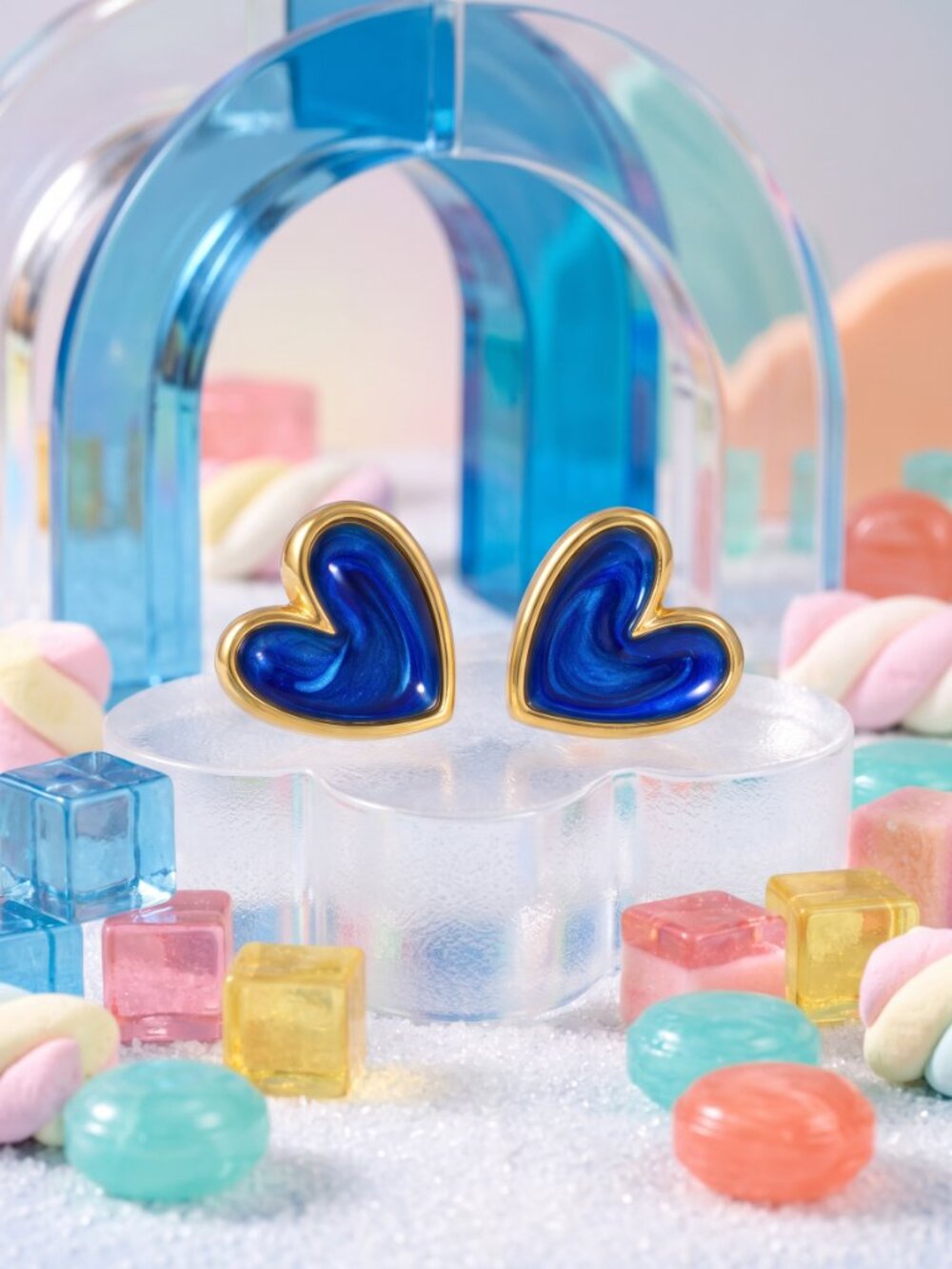 Royal Blue Enamel Heart Stud Earrings Gold Tone Marbled Cobalt Love Heart 0.5"
